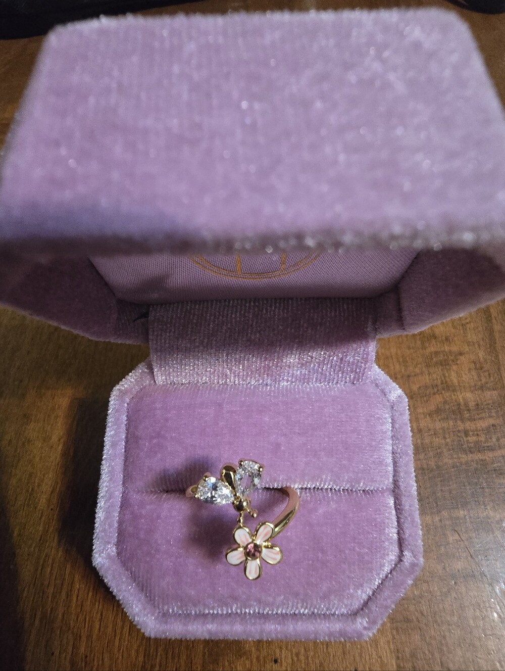 Gold Open Ring with Pink Enamel Flower and Clear Crystal Accents